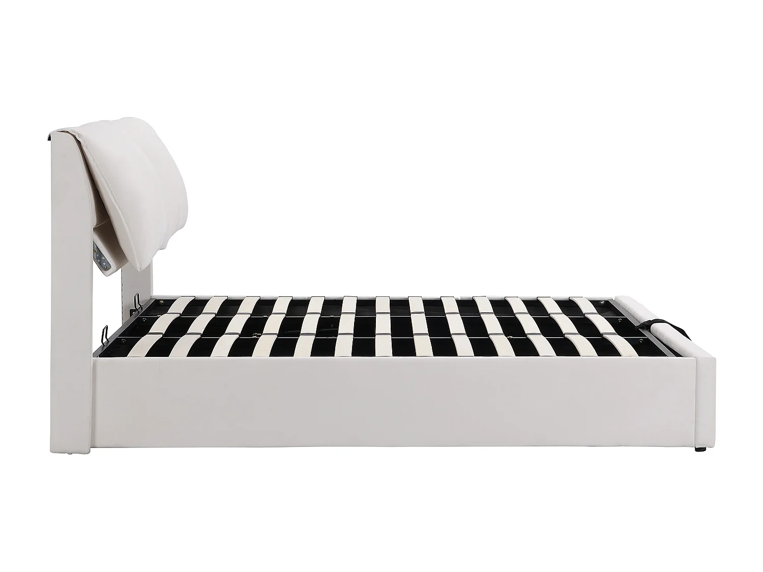 Lit rembourré 180×200 cm, beige, avec tête de lit réglable, trois tiroirs et coffre de rangement