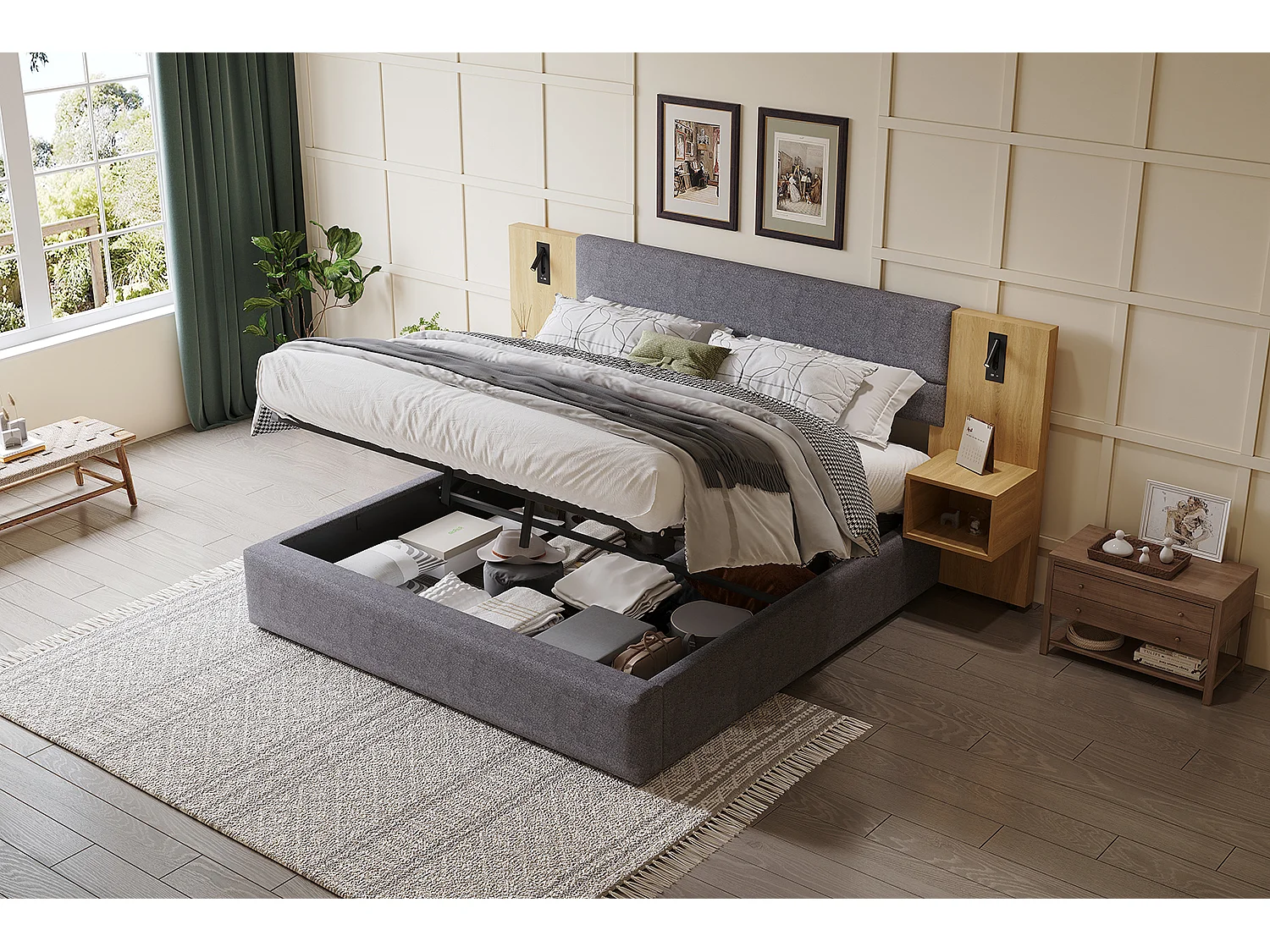 Lit rembourré 180 x 200 cm, lit à oreilles hydraulique avec USB, éclairage et 2 tables de nuit en bois