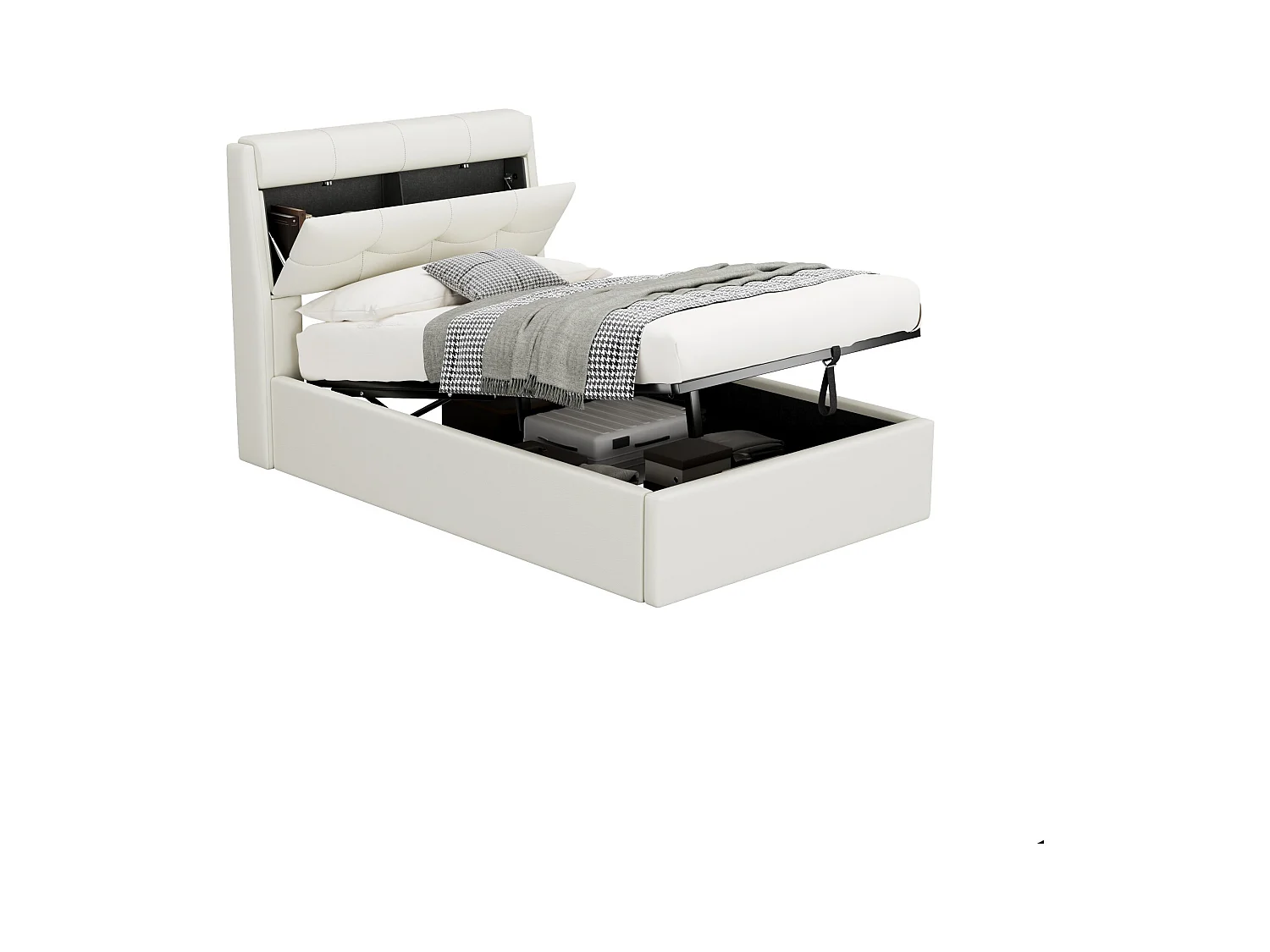 Lit rembourré élégant, 90×200 cm, blanc, avec échelle et rangement caché, cadre hydraulique, tête de lit intégrée