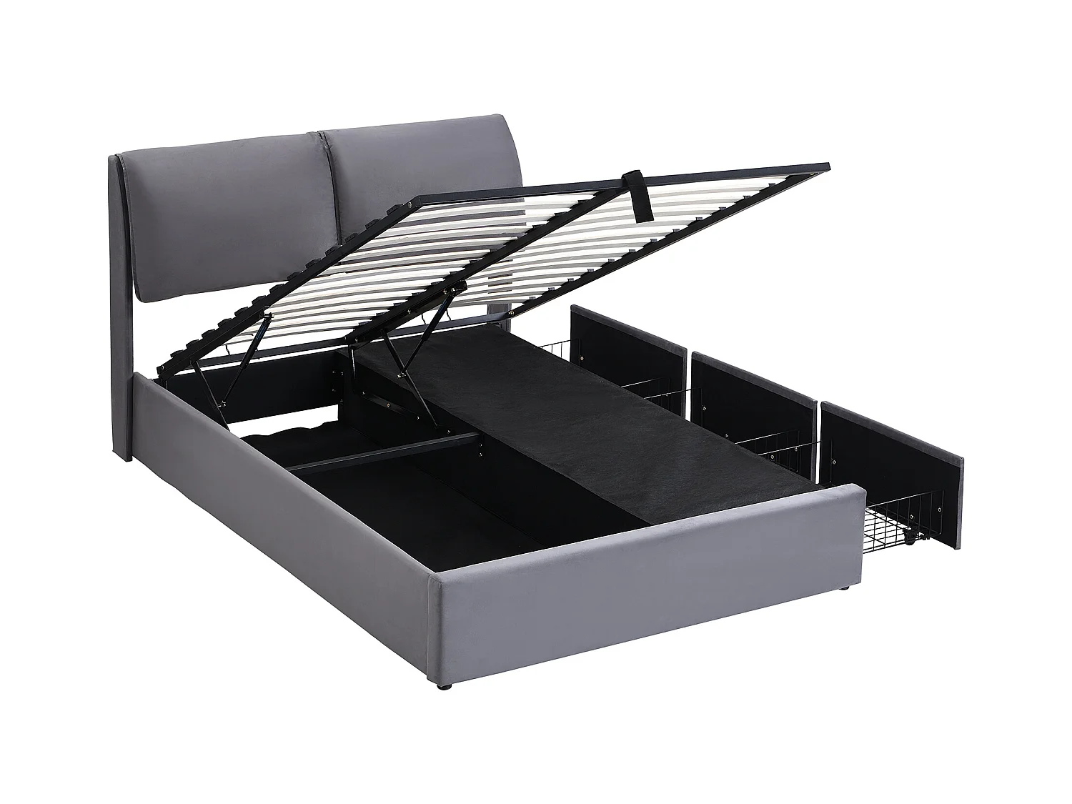 Lit tapissé 140×190 cm en velours gris avec tête de lit réglable et trois tiroirs de rangement