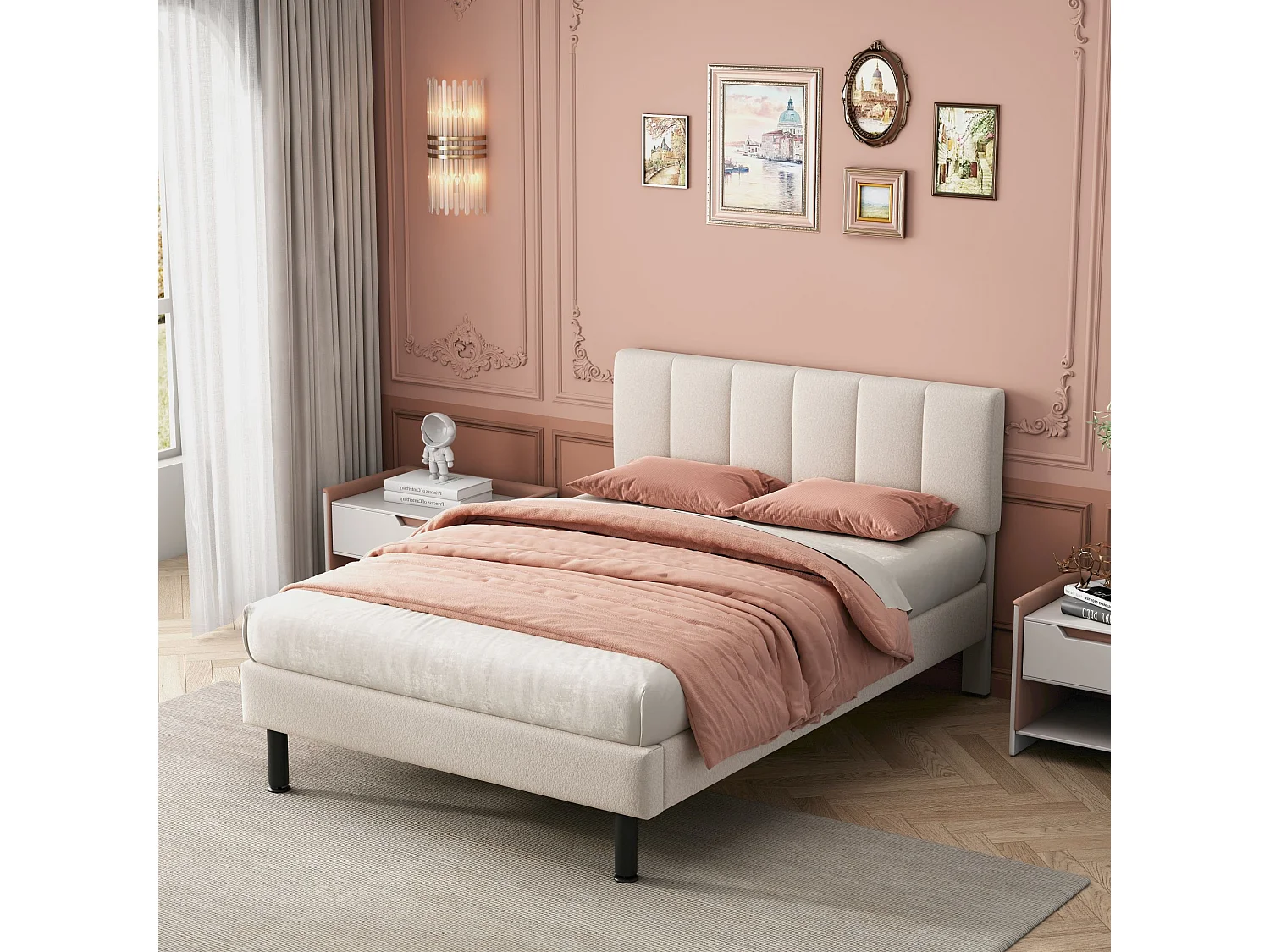 Lit en Sherpa beige 140×190 cm avec pieds en fer et design épuré, cadre à lattes inclus