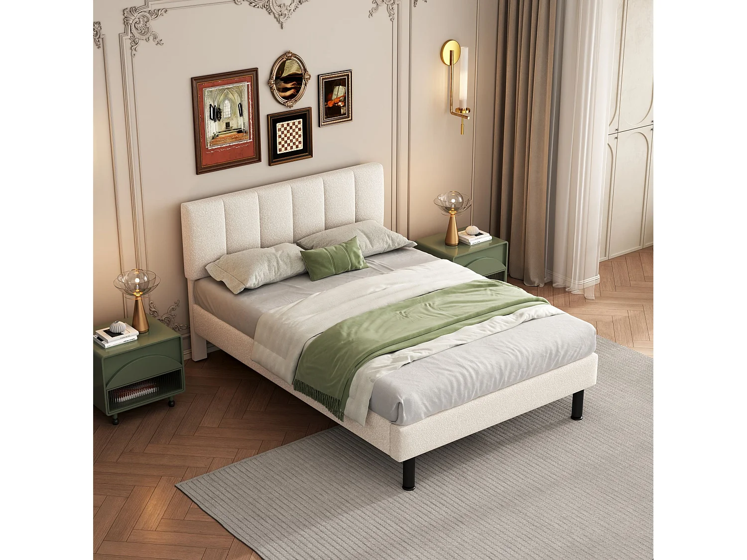 Lit en Sherpa beige 140×190 cm avec pieds en fer et design épuré, cadre à lattes inclus