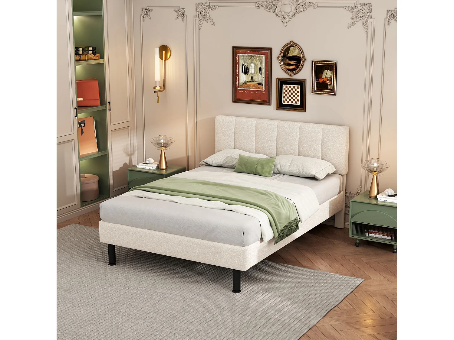 Lit en Sherpa beige 140×190 cm avec pieds en fer et design épuré, cadre à lattes inclus