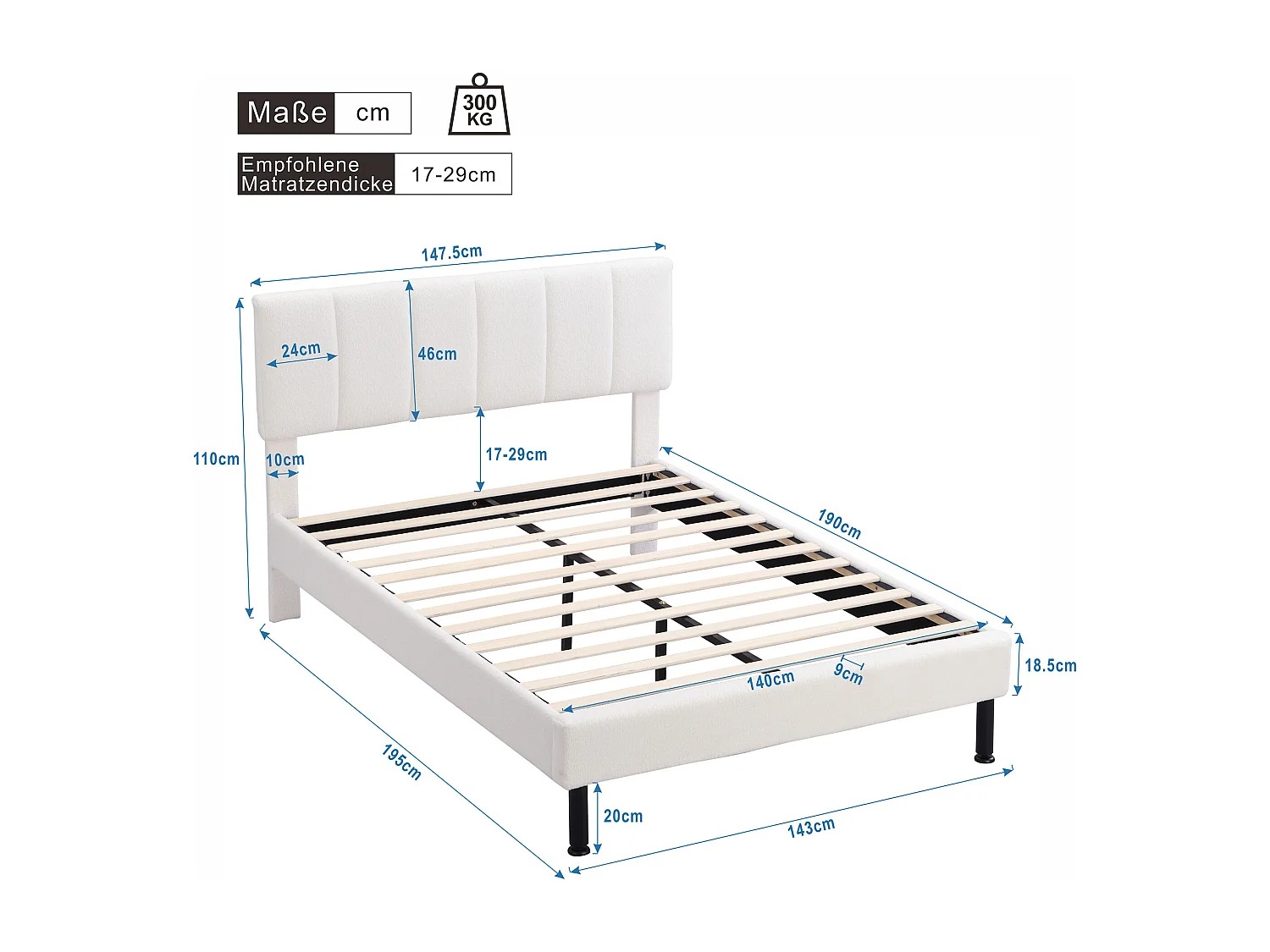 Lit en Sherpa beige 140×190 cm avec pieds en fer et design épuré, cadre à lattes inclus