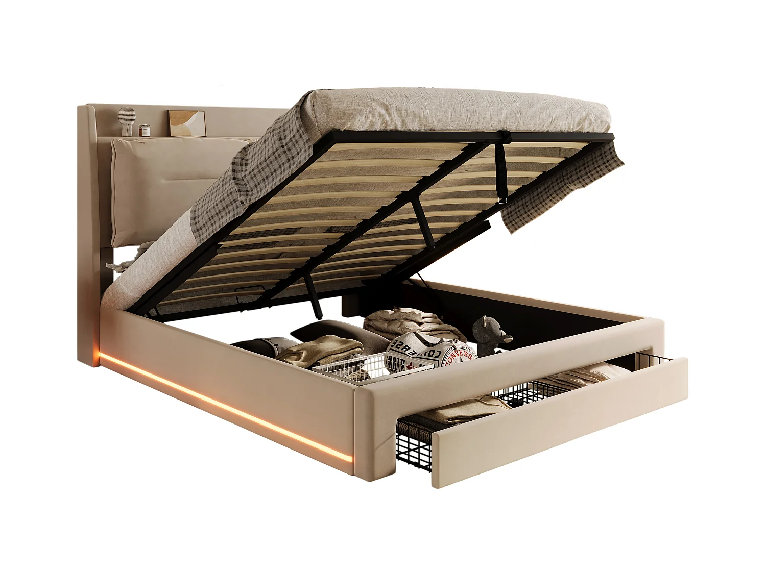 Lit rembourré multifonctionnel 140×200 cm, beige, avec éclairage LED et tiroirs de rangement