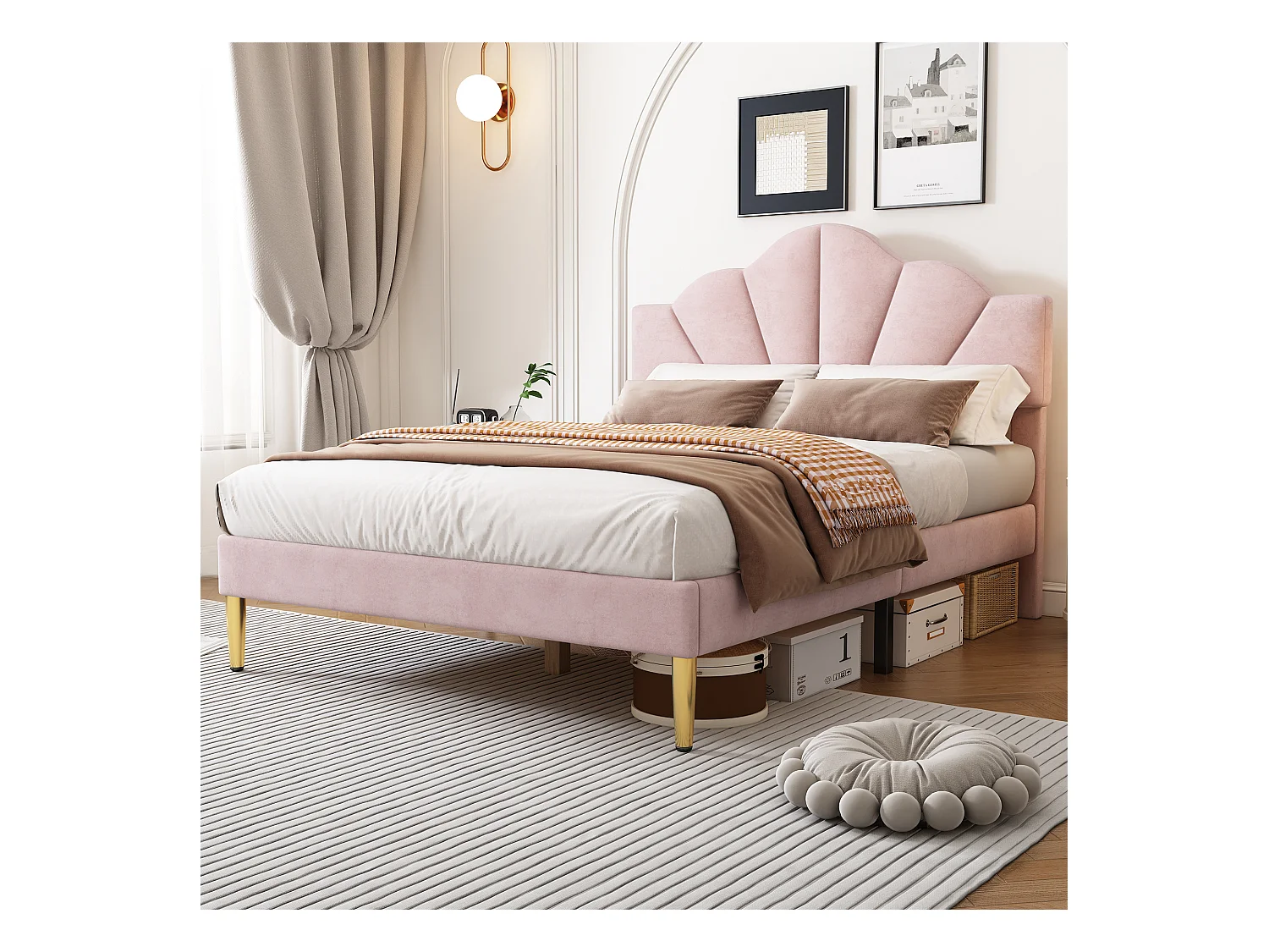 Lit rembourré en velours rose 140×190 cm avec tête de lit réglable et pieds en fer doré