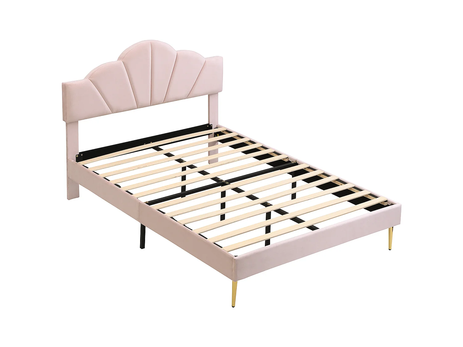 Lit rembourré en velours rose 140×190 cm avec tête de lit réglable et pieds en fer doré