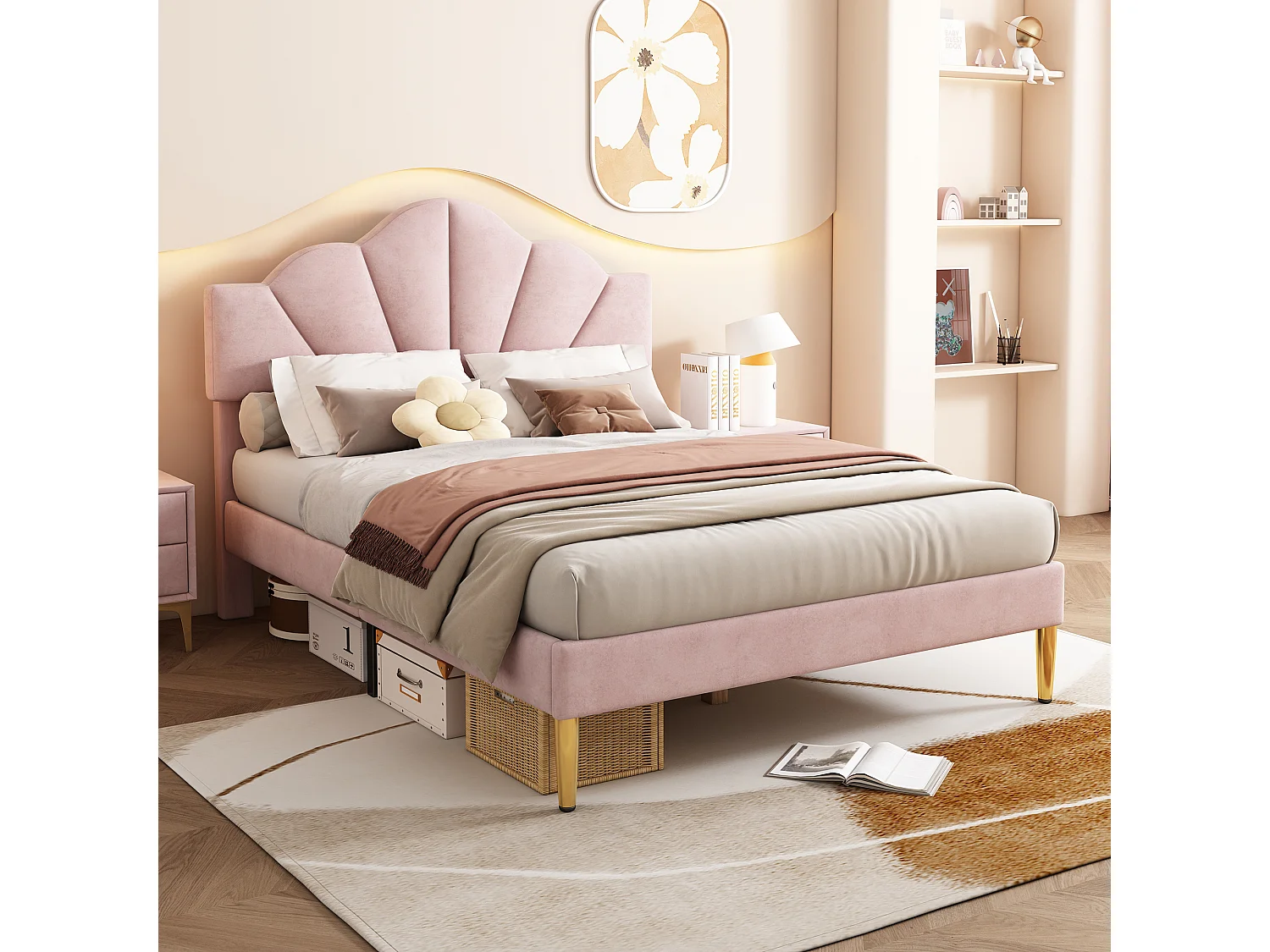 Lit rembourré en velours rose 140×190 cm avec tête de lit réglable et pieds en fer doré