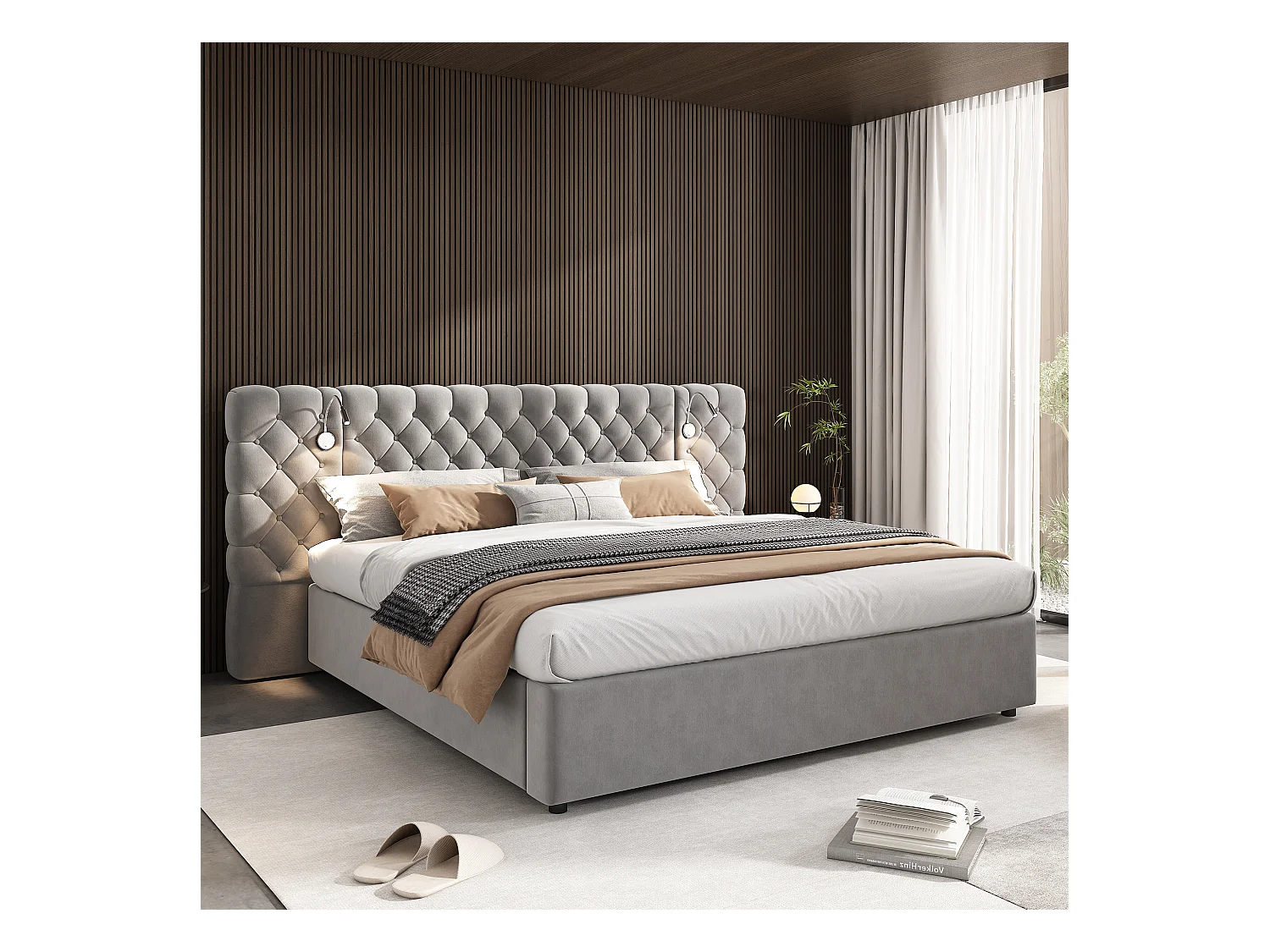 Lit rembourré 180 x 200 cm avec espace de rangement hydraulique, éclairage LED et tête de lit en velours gris