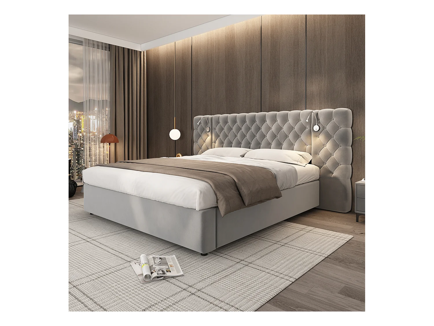 Lit rembourré 180 x 200 cm avec espace de rangement hydraulique, éclairage LED et tête de lit en velours gris