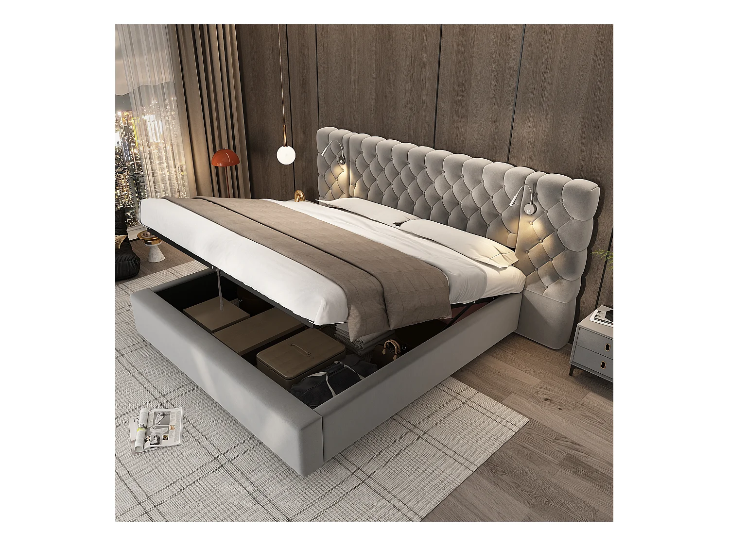 Lit rembourré 180 x 200 cm avec espace de rangement hydraulique, éclairage LED et tête de lit en velours gris