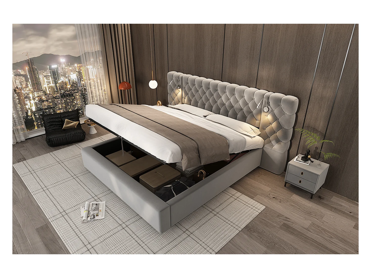 Lit rembourré 180 x 200 cm avec espace de rangement hydraulique, éclairage LED et tête de lit en velours gris
