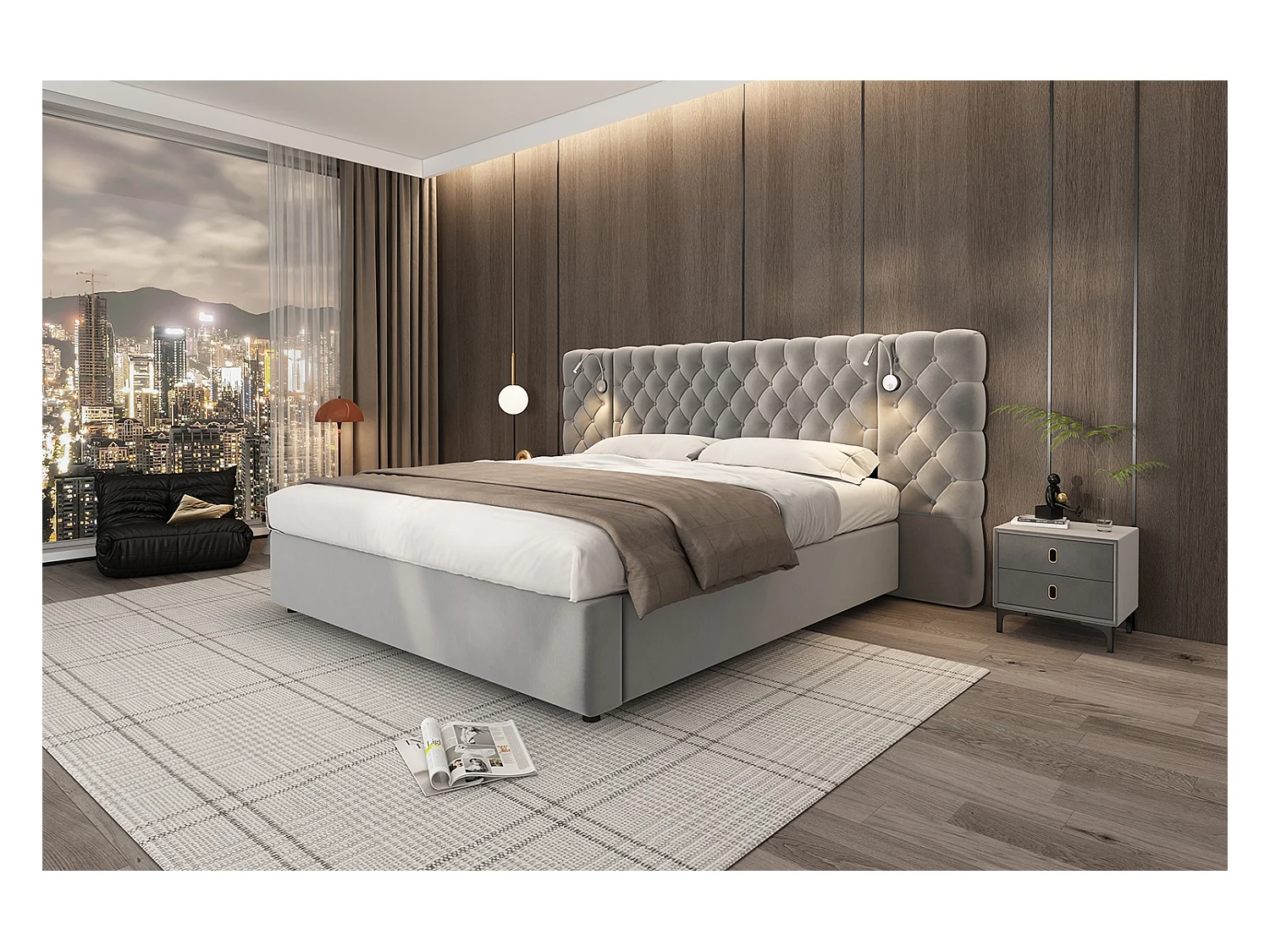 Lit rembourré 180 x 200 cm avec espace de rangement hydraulique, éclairage LED et tête de lit en velours gris