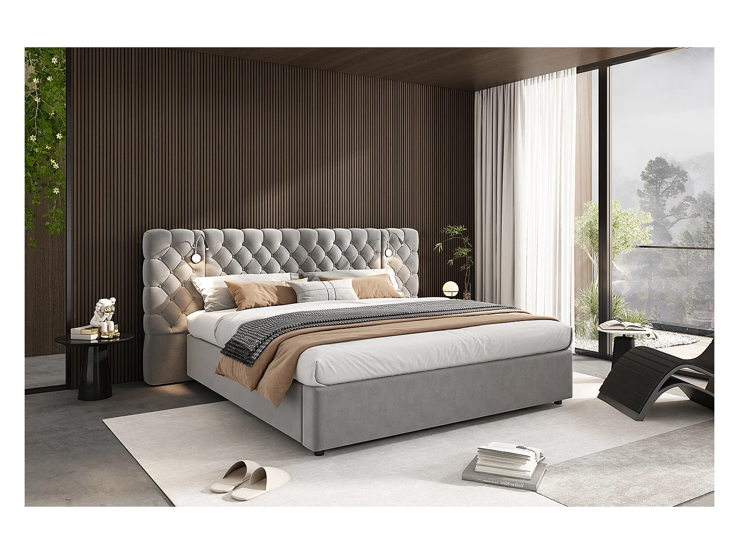 Lit rembourré 180 x 200 cm avec espace de rangement hydraulique, éclairage LED et tête de lit en velours gris