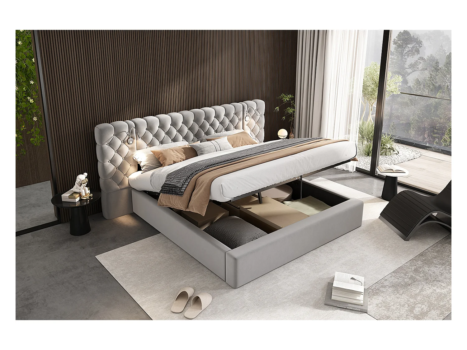 Lit rembourré 180 x 200 cm avec espace de rangement hydraulique, éclairage LED et tête de lit en velours gris
