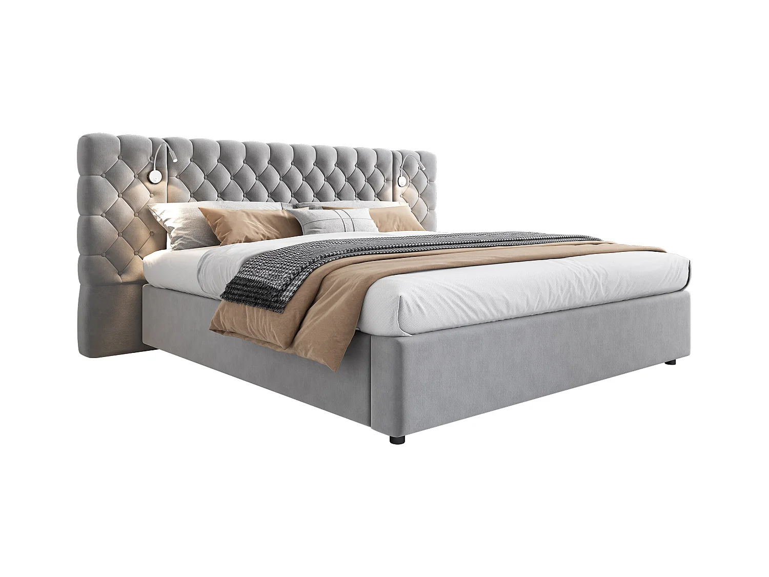 Lit rembourré 180 x 200 cm avec espace de rangement hydraulique, éclairage LED et tête de lit en velours gris