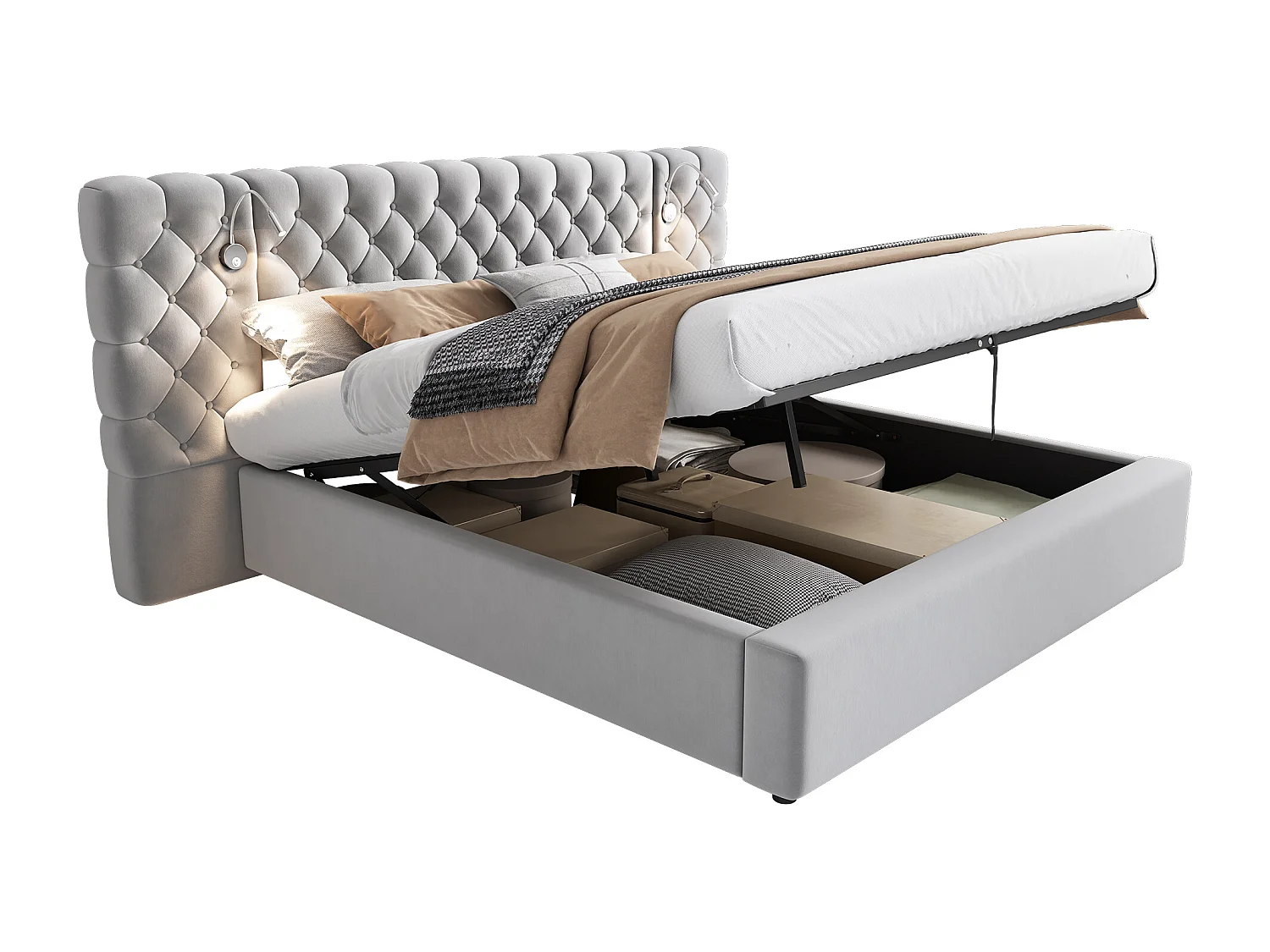 Lit rembourré 180 x 200 cm avec espace de rangement hydraulique, éclairage LED et tête de lit en velours gris
