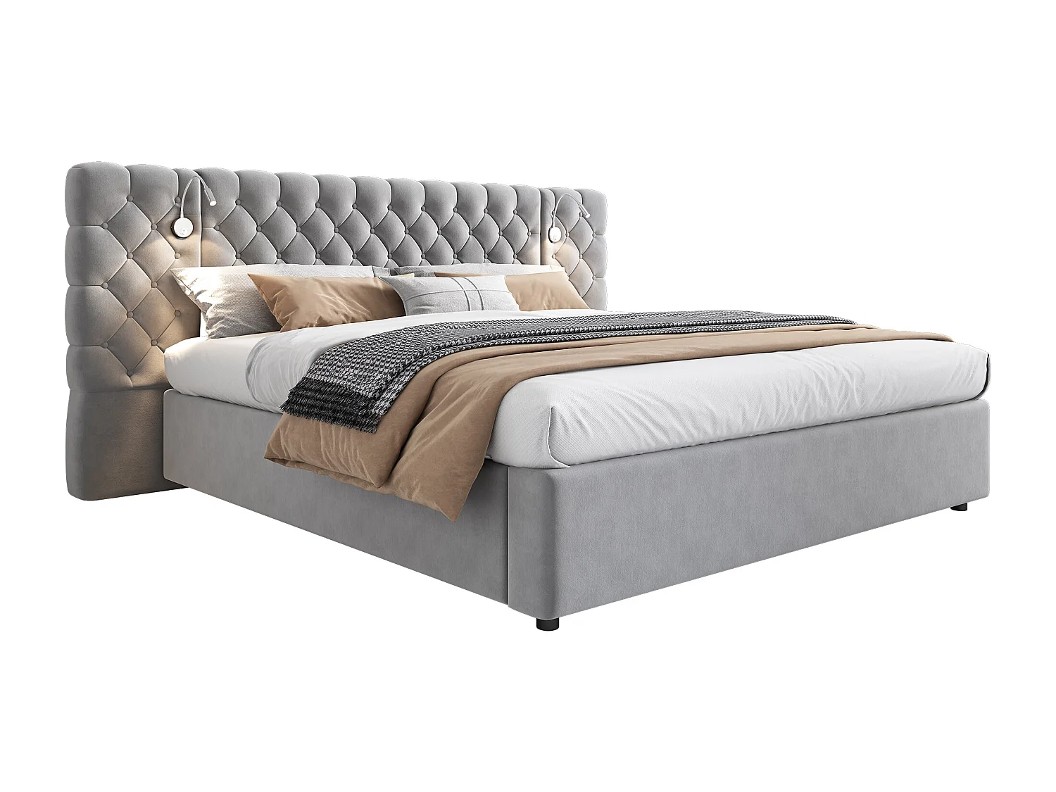 Lit rembourré 180 x 200 cm avec espace de rangement hydraulique, éclairage LED et tête de lit en velours gris