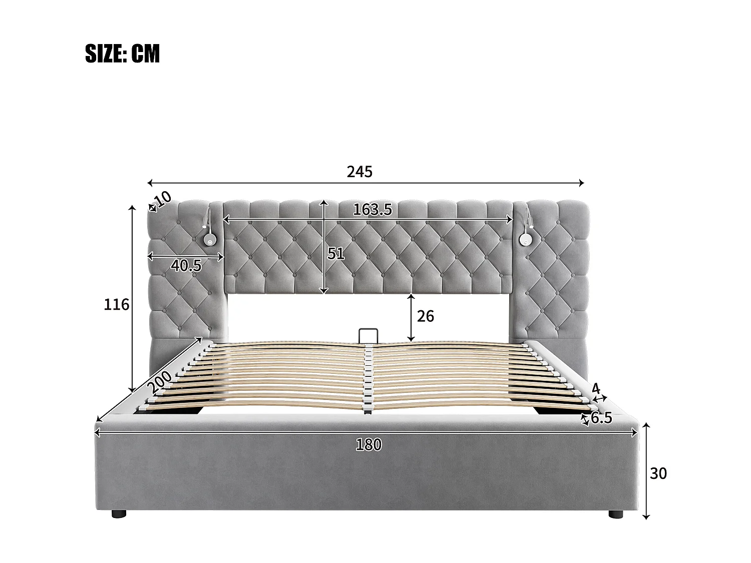 Lit rembourré 180 x 200 cm avec espace de rangement hydraulique, éclairage LED et tête de lit en velours gris
