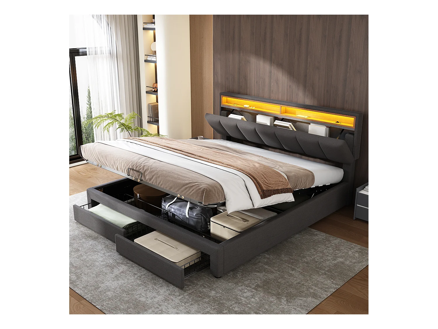 Lit en tissu avec éclairage LED, lit de rangement hydraulique 180×200 cm, gris, avec tête de lit en mousse