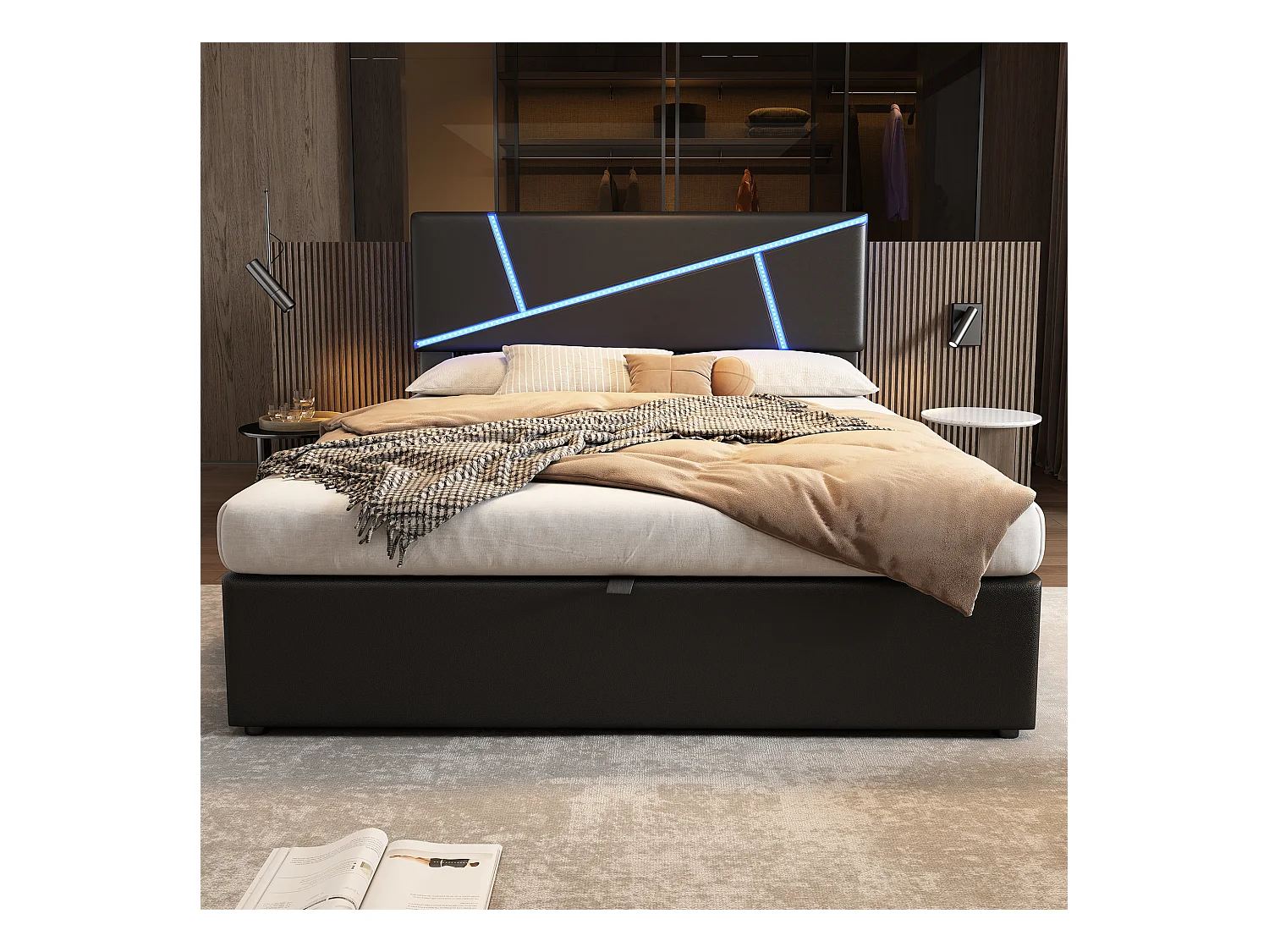 Lit rembourré avec éclairage LED, 140×200 cm, lit double avec sommier à lattes, tête de lit, hydraulique, cuir synthétique, noir