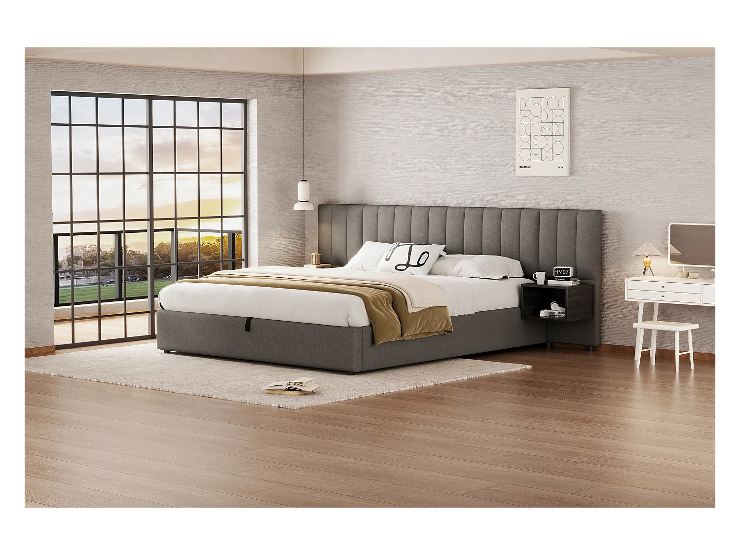 Lit rembourré 180 x 200 cm, lit à oreilles hydraulique avec 2 tables de nuit de rangement, en lin gris et noir