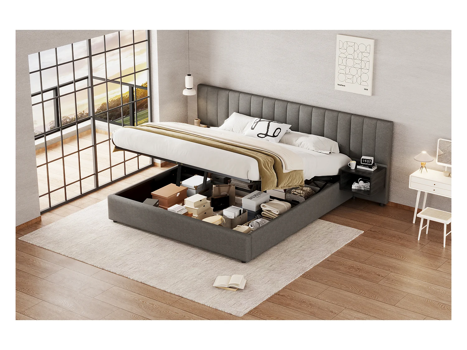Lit rembourré 180 x 200 cm, lit à oreilles hydraulique avec 2 tables de nuit de rangement, en lin gris et noir