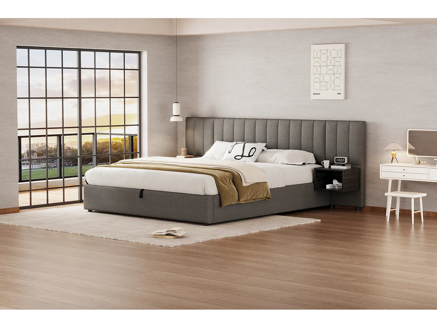 Lit rembourré 180 x 200 cm, lit à oreilles hydraulique avec 2 tables de nuit de rangement, en lin gris et noir