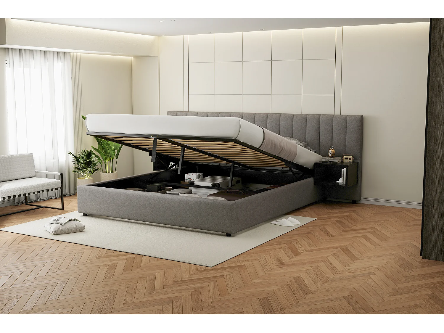 Lit rembourré 180 x 200 cm, lit à oreilles hydraulique avec 2 tables de nuit de rangement, en lin gris et noir