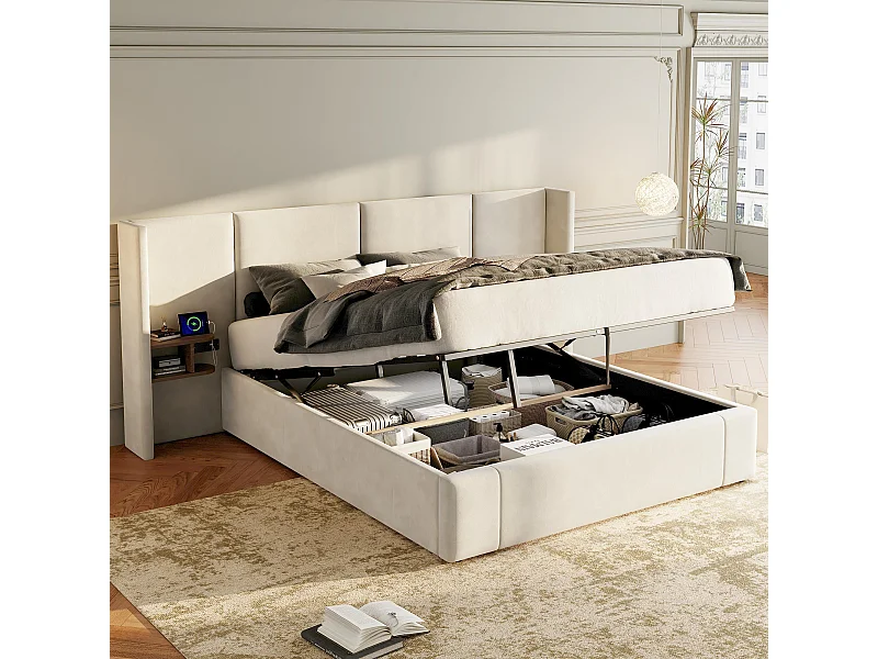 Lit rembourré 160 x 200 cm, lit à oreilles hydrauliques avec prises USB et deux tables de nuit en bois, beige