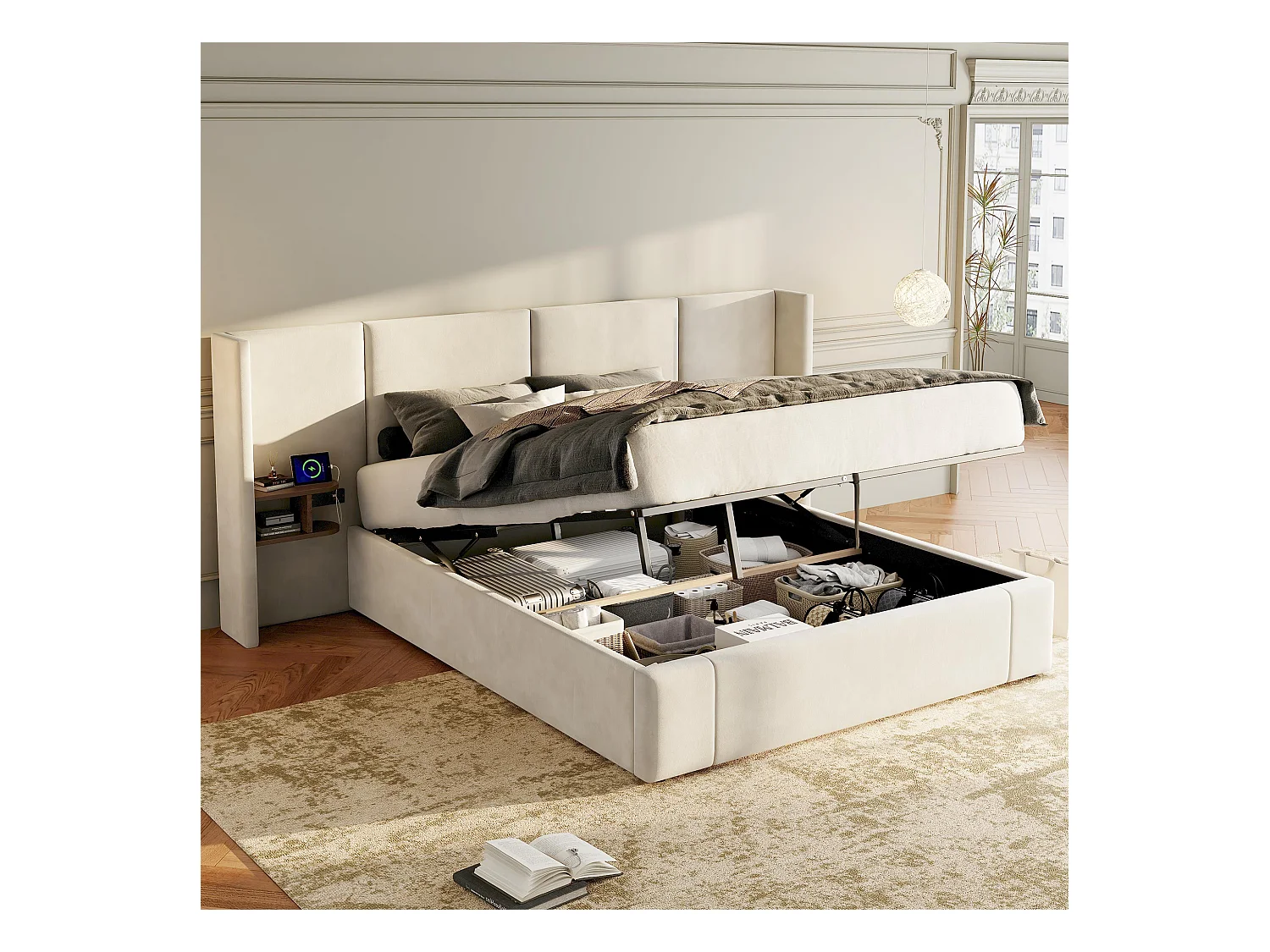 Lit rembourré 160 x 200 cm, lit à oreilles hydrauliques avec prises USB et deux tables de nuit en bois, beige