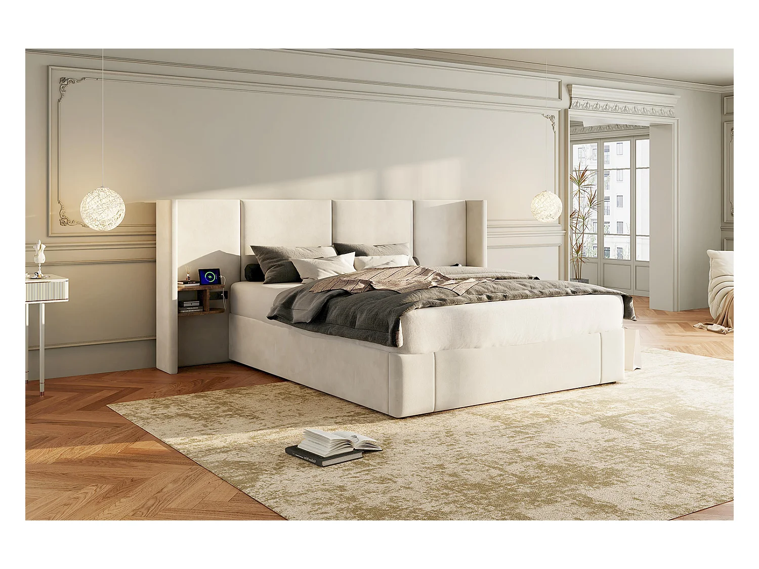 Lit rembourré 160 x 200 cm, lit à oreilles hydrauliques avec prises USB et deux tables de nuit en bois, beige