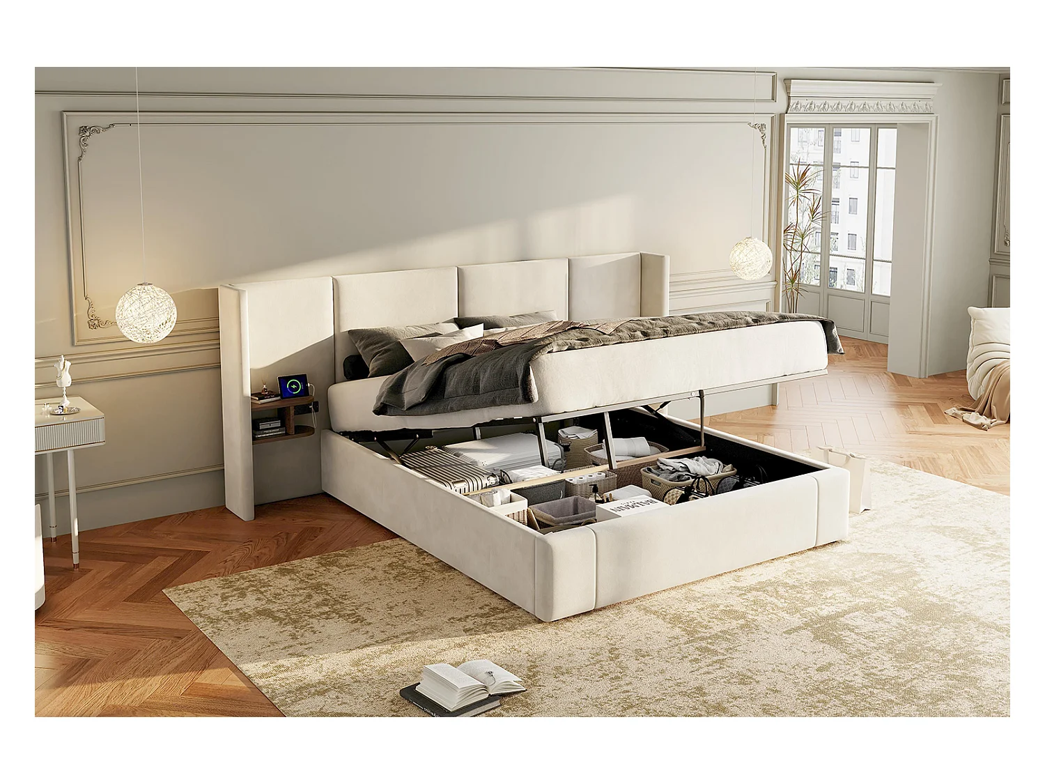 Lit rembourré 160 x 200 cm, lit à oreilles hydrauliques avec prises USB et deux tables de nuit en bois, beige