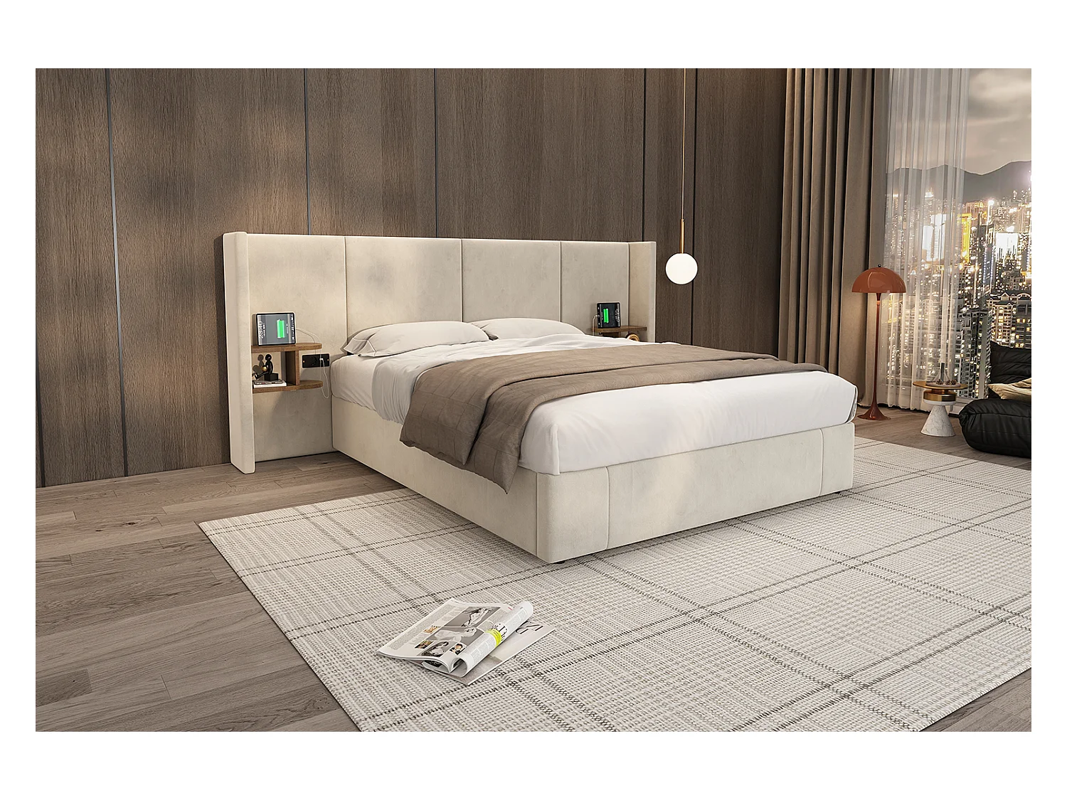 Lit rembourré 160 x 200 cm, lit à oreilles hydrauliques avec prises USB et deux tables de nuit en bois, beige