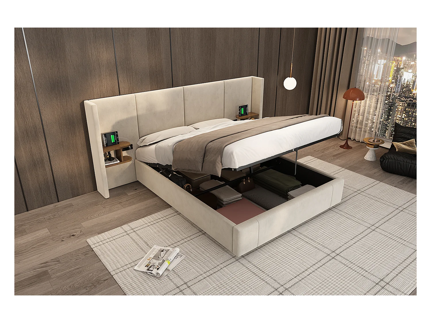 Lit rembourré 160 x 200 cm, lit à oreilles hydrauliques avec prises USB et deux tables de nuit en bois, beige