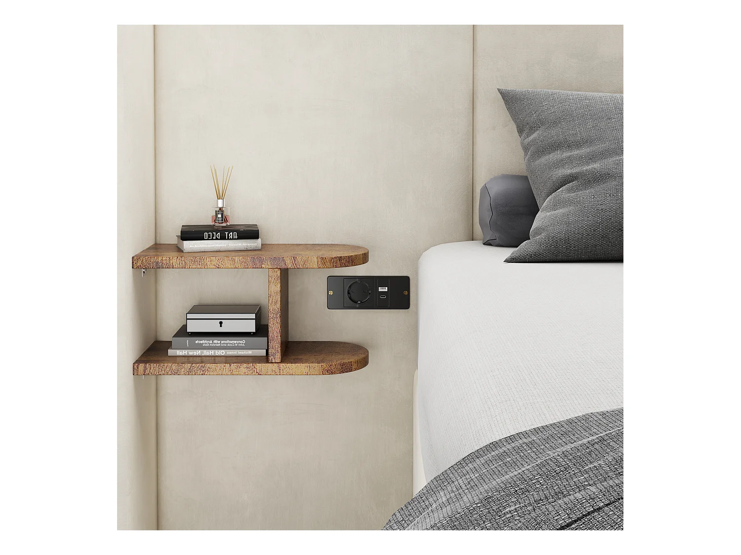 Lit rembourré 160 x 200 cm, lit à oreilles hydrauliques avec prises USB et deux tables de nuit en bois, beige