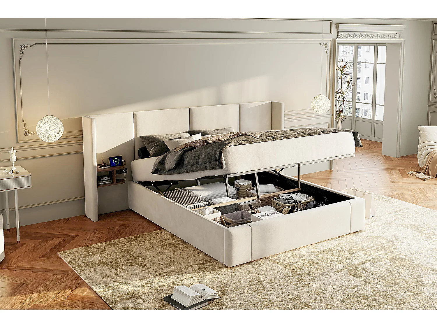 Lit rembourré 160 x 200 cm, lit à oreilles hydrauliques avec prises USB et deux tables de nuit en bois, beige