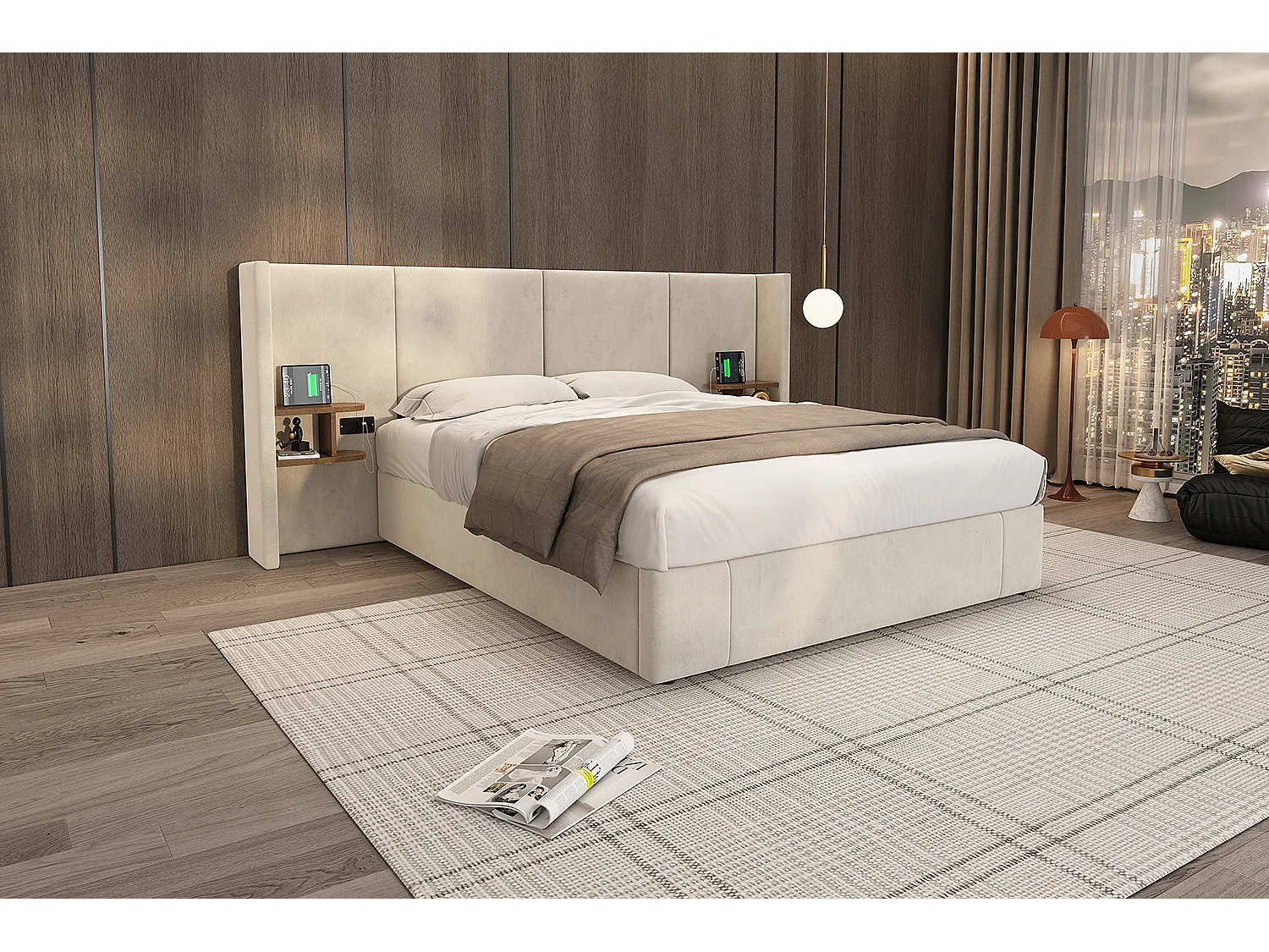 Lit rembourré 160 x 200 cm, lit à oreilles hydrauliques avec prises USB et deux tables de nuit en bois, beige