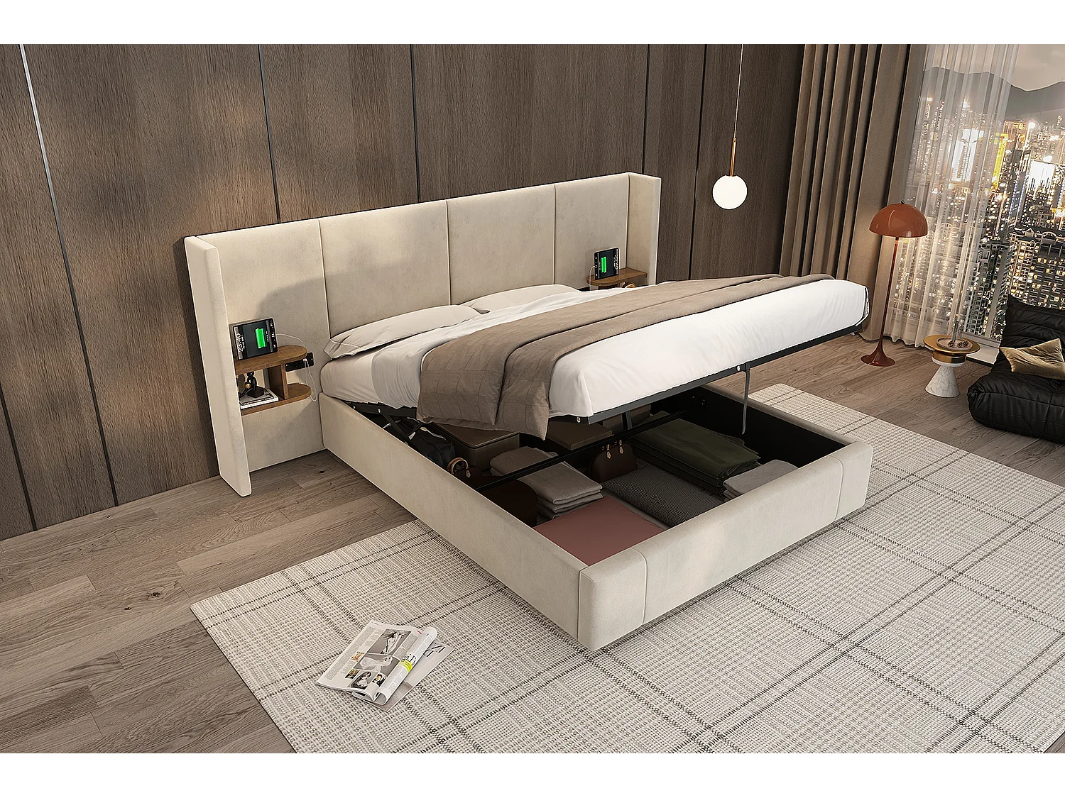 Lit rembourré 160 x 200 cm, lit à oreilles hydrauliques avec prises USB et deux tables de nuit en bois, beige