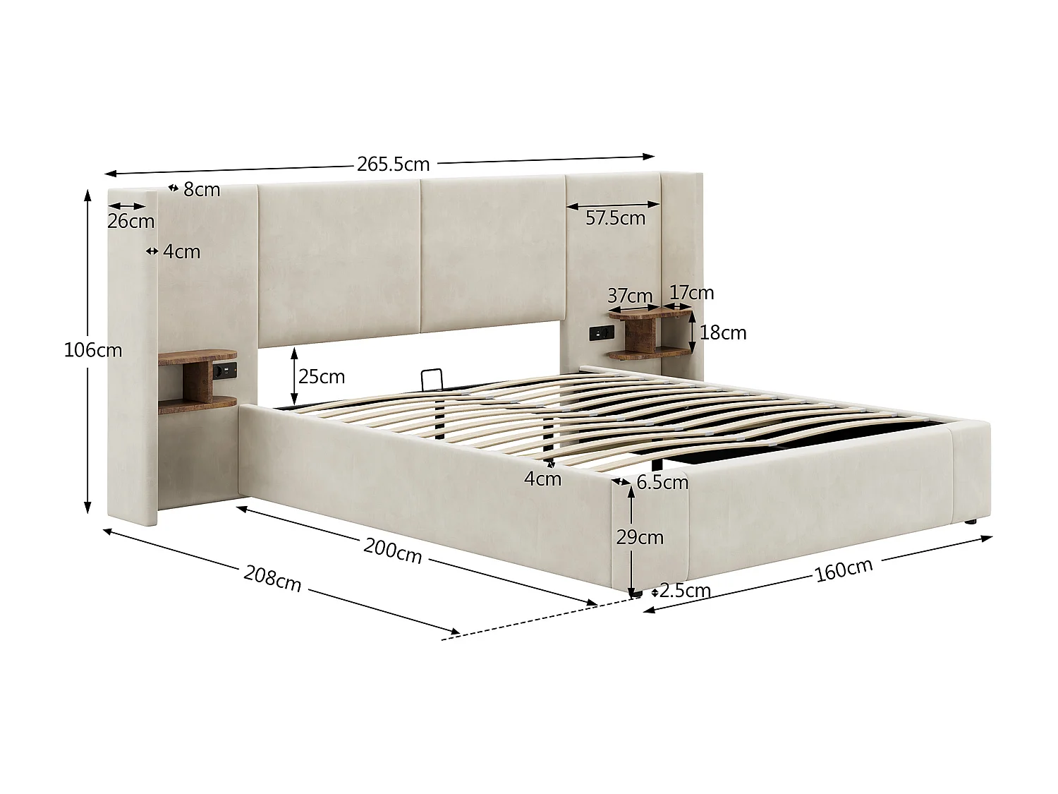 Lit rembourré 160 x 200 cm, lit à oreilles hydrauliques avec prises USB et deux tables de nuit en bois, beige