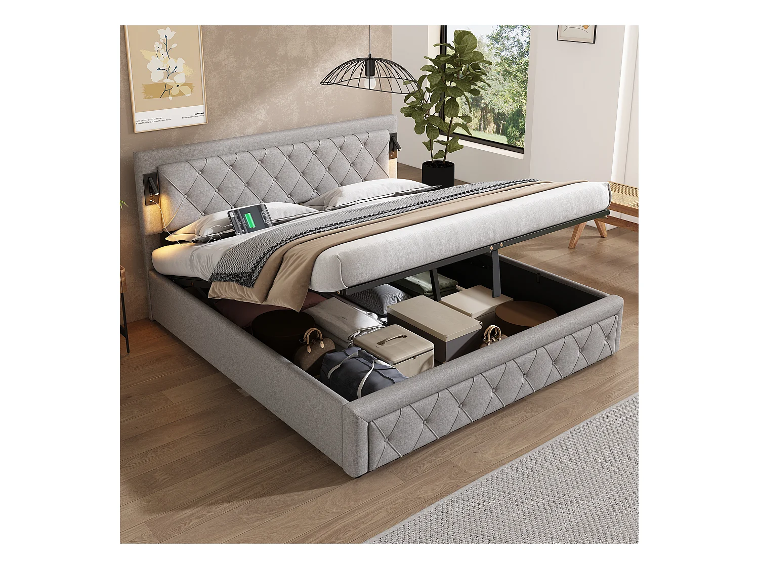 Lit rembourré 180×200 cm, avec éclairage Downlight & port USB, tête de lit en lin gris, rangement hydraulique
