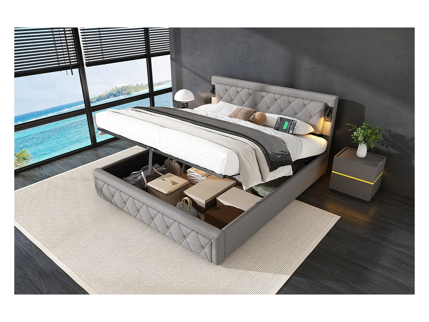 Lit rembourré 180×200 cm, avec éclairage Downlight & port USB, tête de lit en lin gris, rangement hydraulique