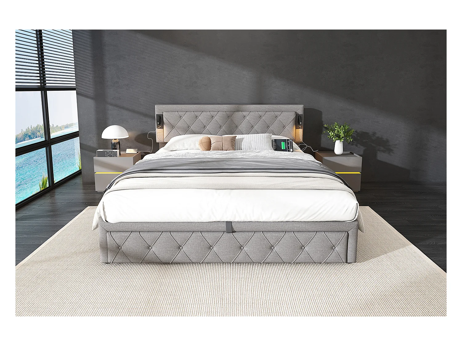 Lit rembourré 180×200 cm, avec éclairage Downlight & port USB, tête de lit en lin gris, rangement hydraulique