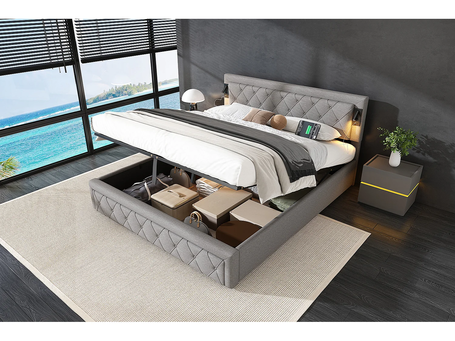 Lit rembourré 180×200 cm, avec éclairage Downlight & port USB, tête de lit en lin gris, rangement hydraulique