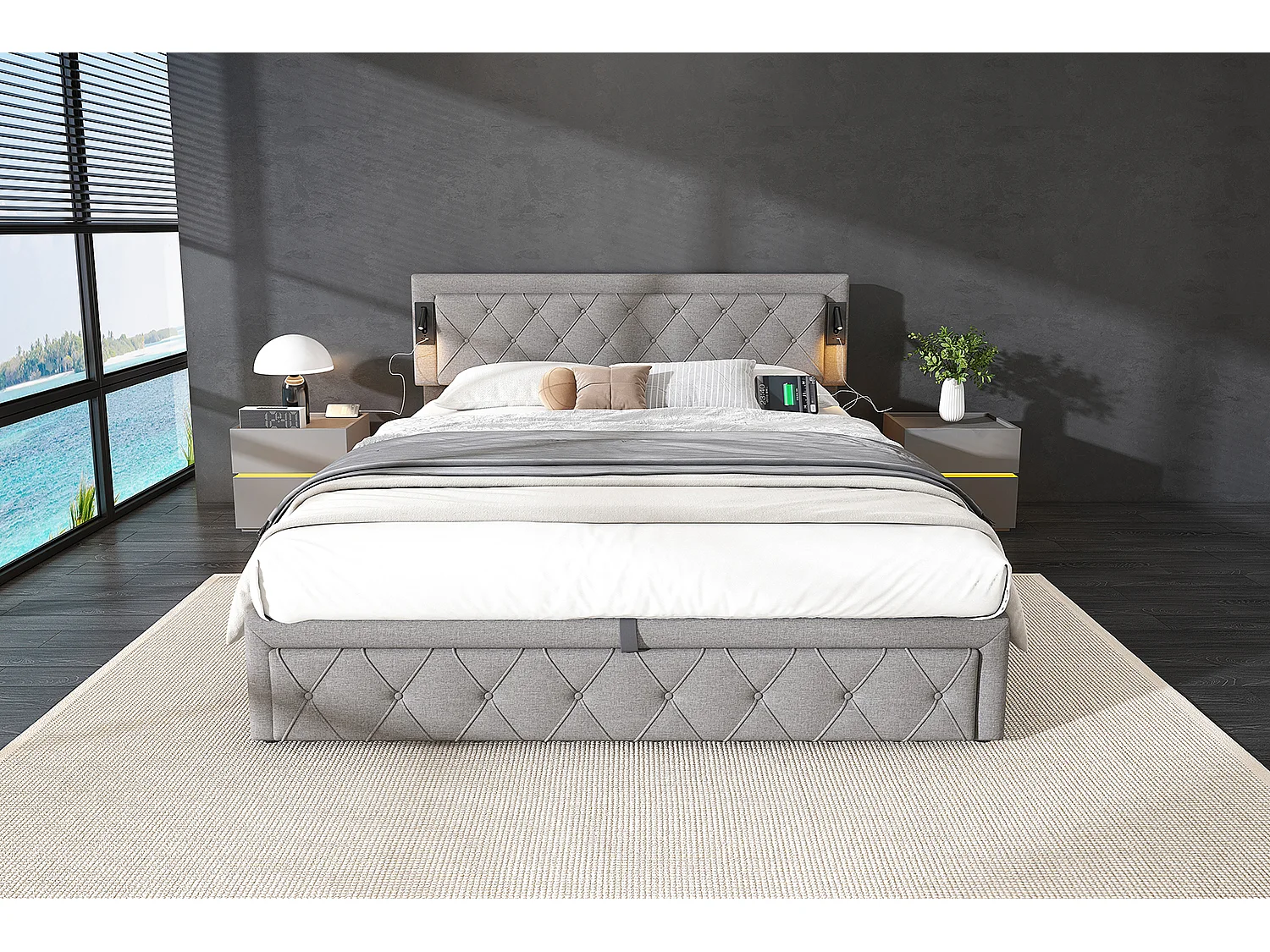 Lit rembourré 180×200 cm, avec éclairage Downlight & port USB, tête de lit en lin gris, rangement hydraulique