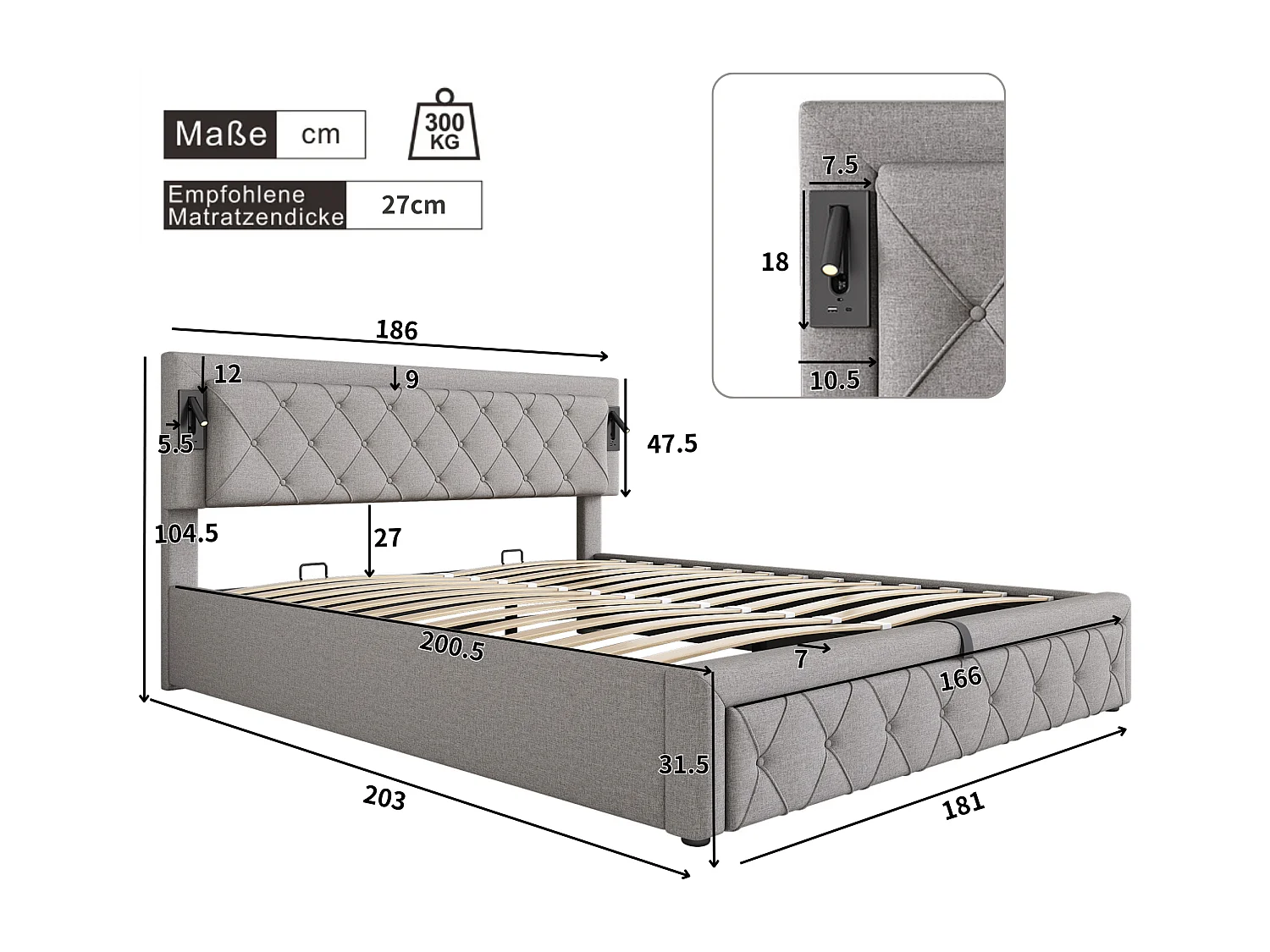 Lit rembourré 180×200 cm, avec éclairage Downlight & port USB, tête de lit en lin gris, rangement hydraulique