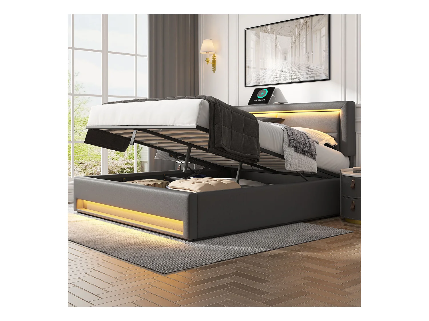 Lit rembourré 140 x 190 cm avec ports USB, éclairage LED et rangement sous le lit, gris