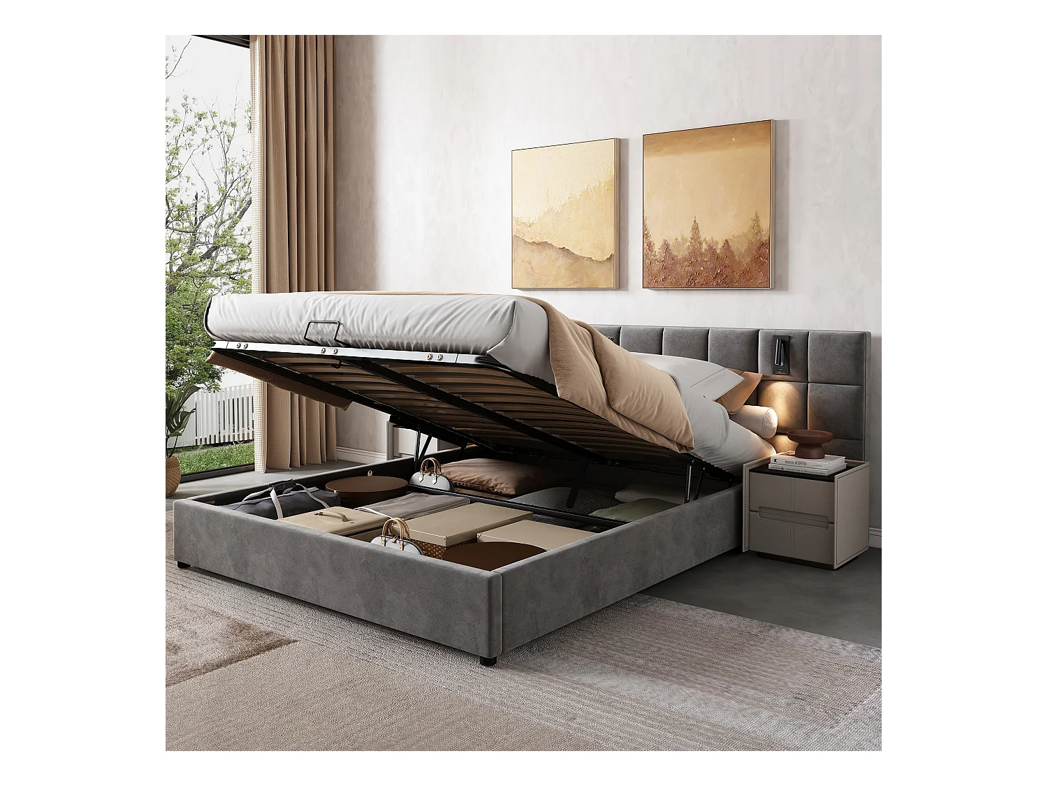 Lit rembourré avec rangement hydraulique, lampe directionnelle et USB, 180×200 cm, gris, tête de lit en mousse