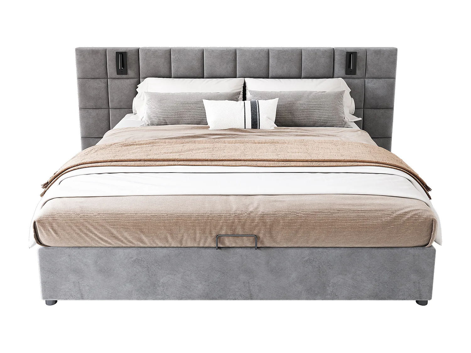 Lit rembourré avec rangement hydraulique, lampe directionnelle et USB, 180×200 cm, gris, tête de lit en mousse