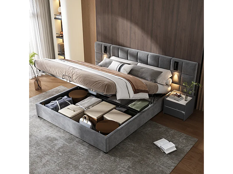 Lit rembourré avec rangement hydraulique, lampe directionnelle et USB, 180×200 cm, gris, tête de lit en mousse